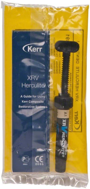Herculite XRV Dentin Spritze A1 in gelber Verpackung mit Gebrauchsanweisung.