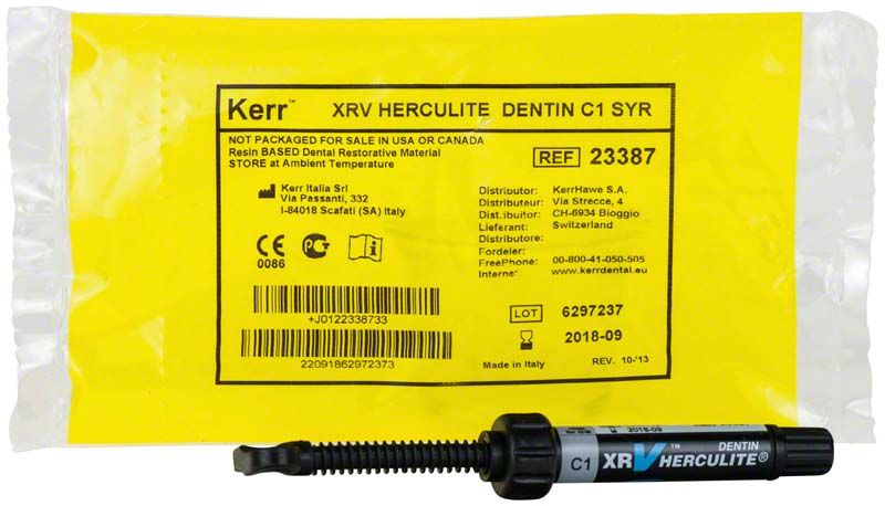 Herculite XRV Dentin Spritze C4 mit gelbem Verpackungsetikett