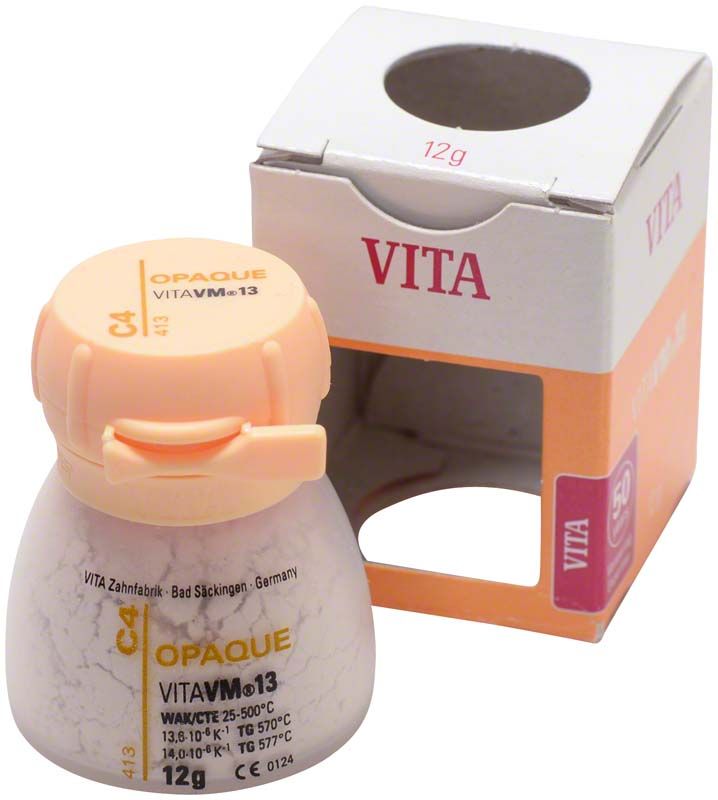 VM13 Opaque 12g C4 Zahntechnikpulver mit geöffneter Verpackung.