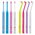 Acht CURAPROX Zahnbürsten in verschiedenen Farben mit schmalem Bürstenkopf.