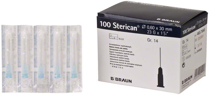 Sterican® Einmalkanülen 23G in Einzelverpackung neben Produktverpackung.