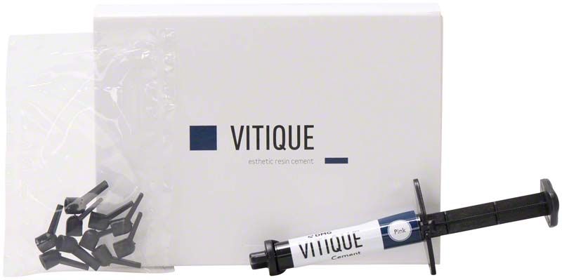 Vitique Cement pink in Spritze mit Verpackung und Applikatoren.