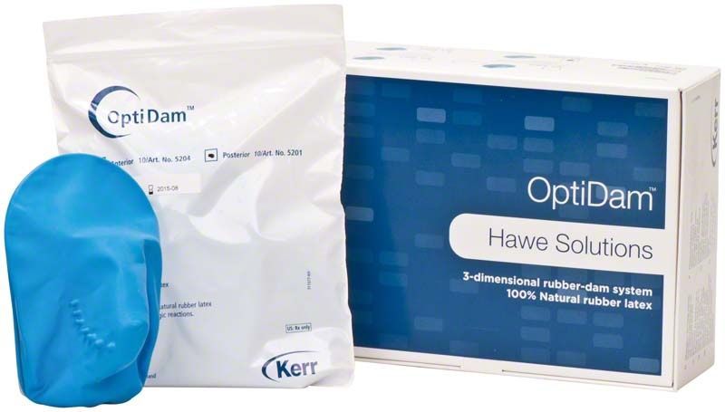 Optidam Posterior 30er in Originalverpackung mit blauem Kofferdam.