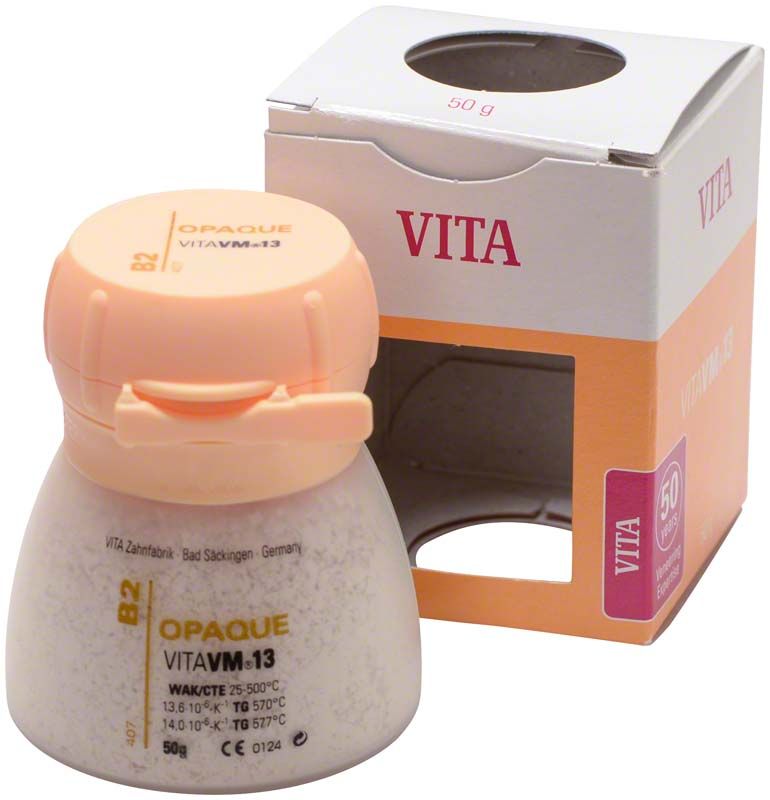 Zahntechnisches Pulver VM13 Opaque 50g B2 mit Verpackung.