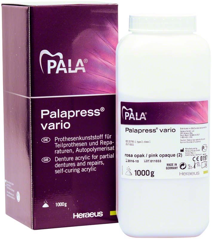 Palapress® vario Pulver 1000g rosa opak in weißer Dose neben Verpackung.