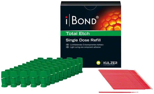iBond Total Etch Single Dose Refill mit grünen Applikatoren und rotem Pinsel.