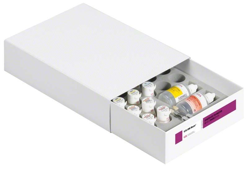 VITA VMK Master® Starterset mit verschiedenen Keramikpulvern in geöffneter Verpackung.