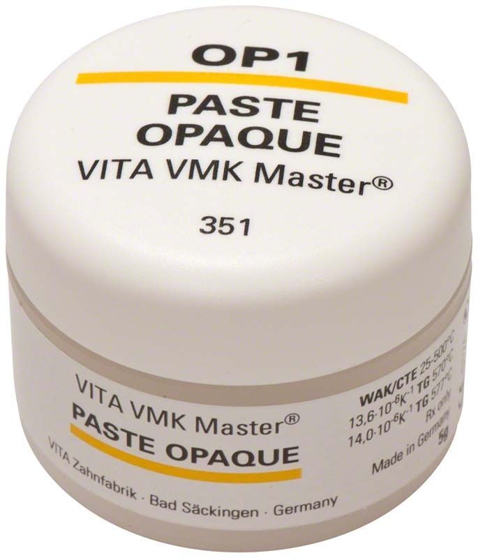 Weißer Behälter mit VMK Master Opaque Paste OP1 Beschriftung.