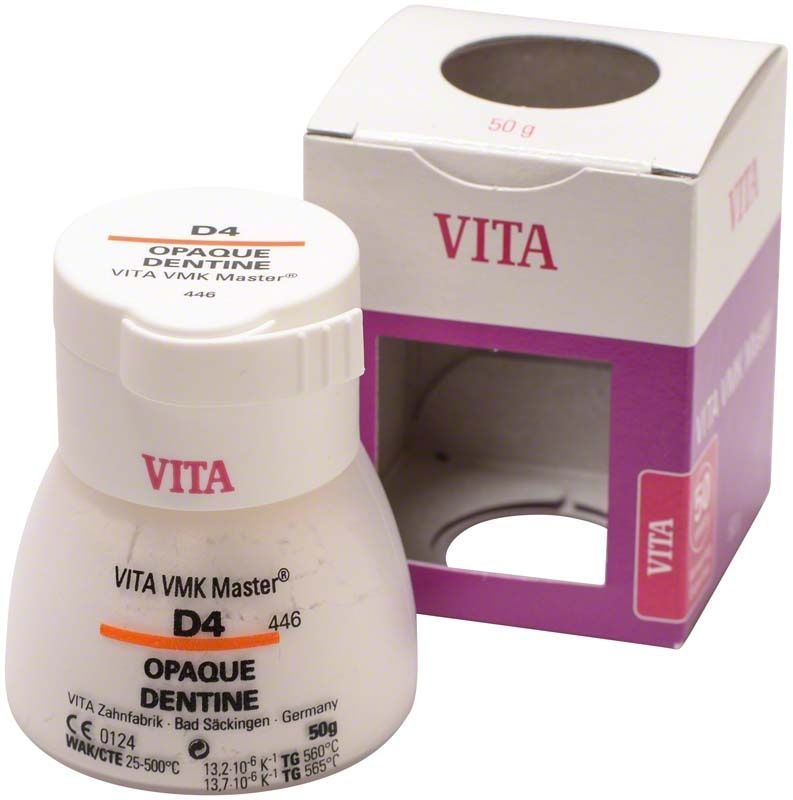 VMK Master Opaque Dentine D4 in weißem Kunststoffbehälter mit Verpackung.
