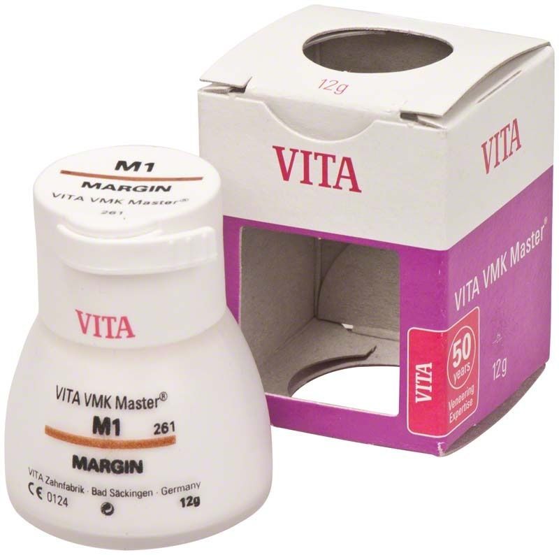 VITA VMK Master Margin M1 Zahnmaterial mit Verpackung im Hintergrund.