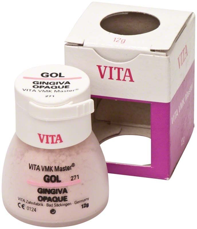 VMK Master Gingiva Opaque GOL in weißem Kunststoffbehälter mit Verpackung.
