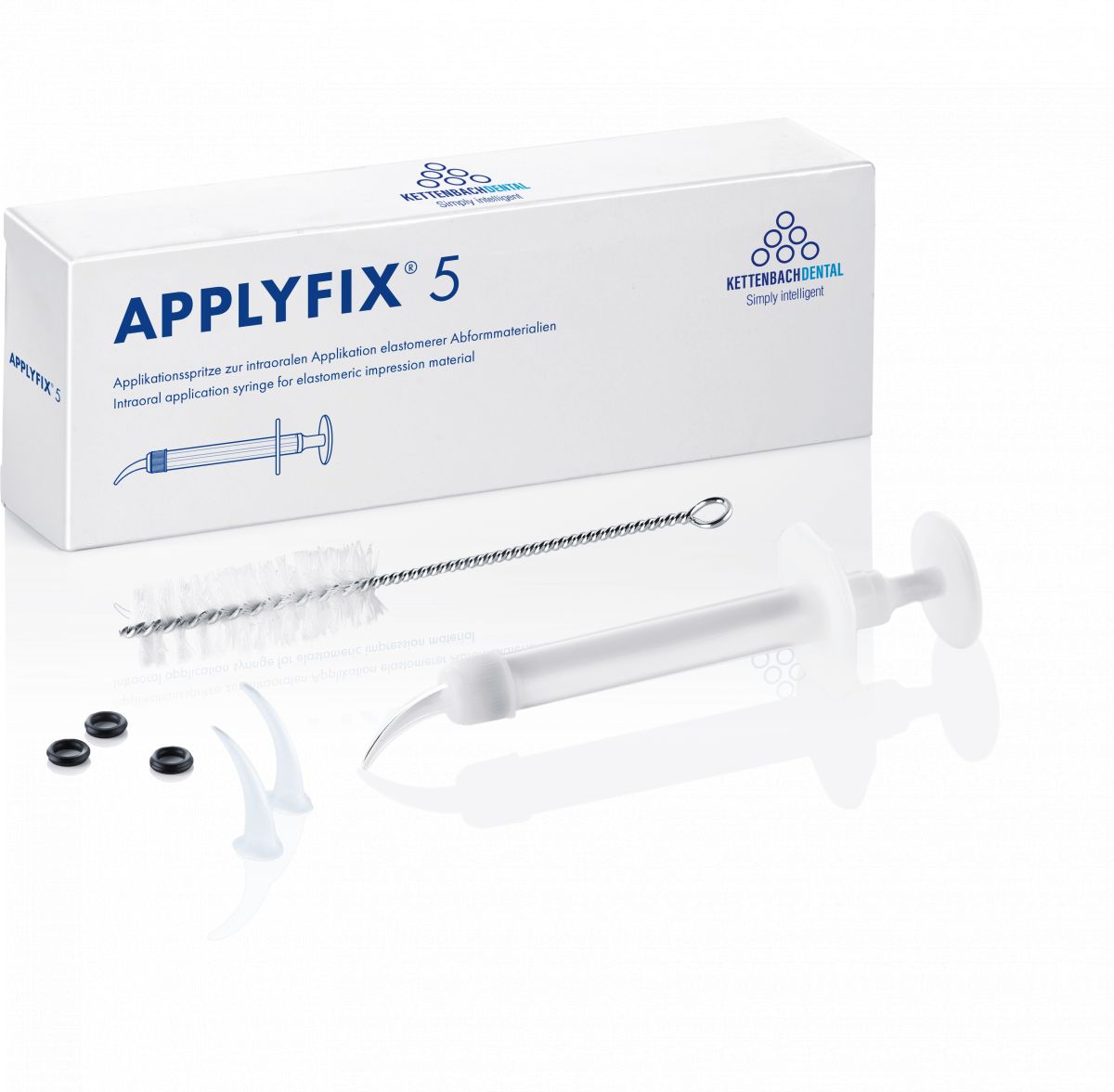 Applyfix 5 Applikationsspritze mit Zubehör und Verpackung auf weißem Hintergrund