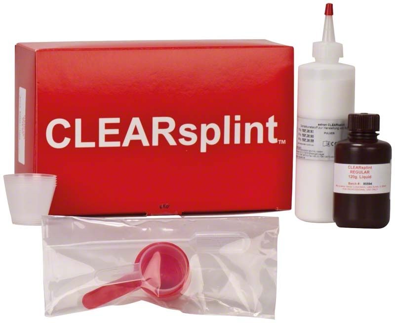 astron® CLEARsplint® Set mit Pulver, Flüssigkeit und Zubehör auf weißem Hintergrund