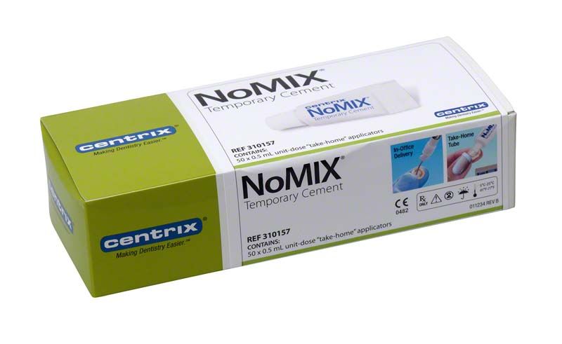 Einzeldosis-Kit NoMIX® Temporary Cement in grüner und weißer Verpackung.