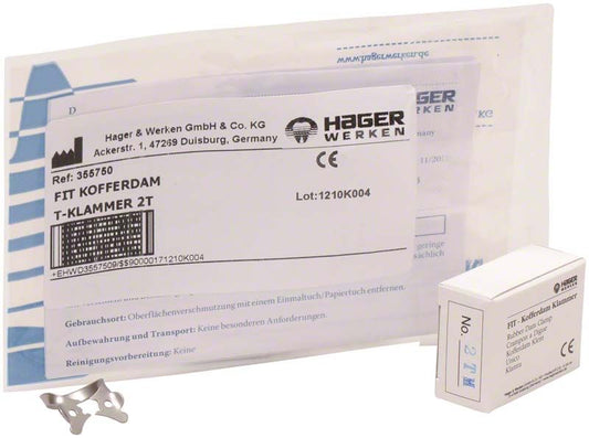 Verpackung der Fit-Kofferdam® T-Klammer 355750 mit Etikett und Klammer.