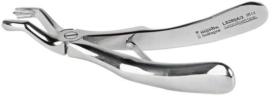 Zahnzange aus Edelstahl für obere Molaren, glänzende Oberfläche.