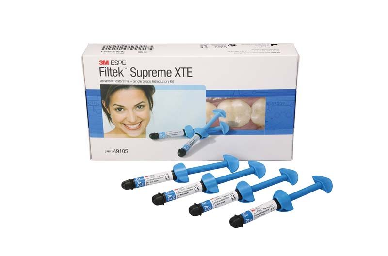 Filtek™ Supreme XTE Single Shades Intro Kit mit Spritzen und Verpackung.