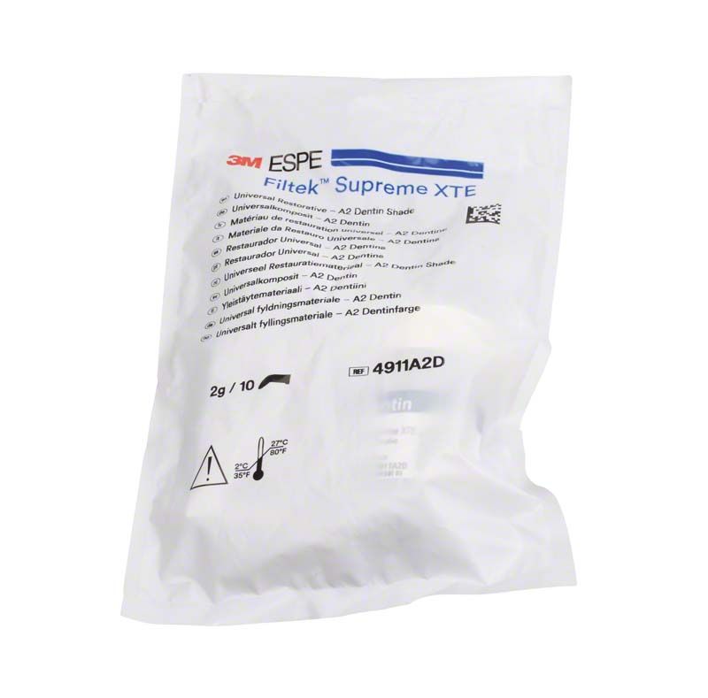 Filtek™ Supreme XTE Dentin Kapseln A2D in versiegelter Verpackung mit Etikett.