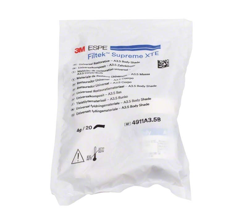 Filtek™ Supreme XTE Body Kapseln A3,5B in versiegelter Verpackung mit Etikett.