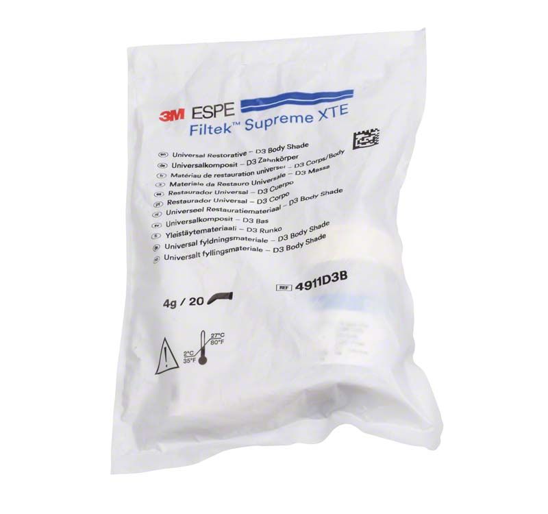 Filtek™ Supreme XTE Body Kapseln D3B in versiegelter Verpackung mit Etikett.