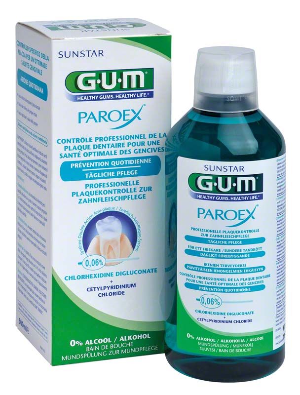 GUM® PAROEX® Mundspülung 0,06% Flasche und Verpackung.