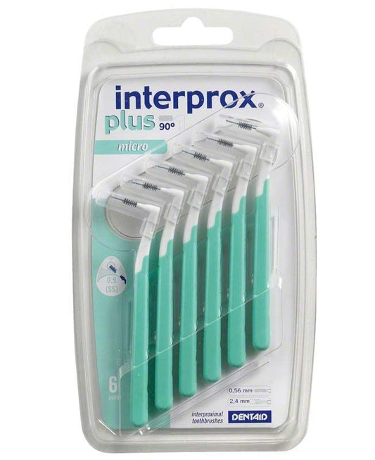 Interdentalbürsten interprox® plus micro in grüner Verpackung mit sechs Bürsten.