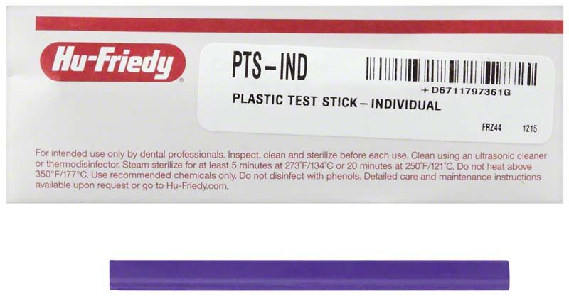 Einzelner Kunststoff-Teststab von Hu-Friedy zur Schärfekontrolle dentaler Instrumente.