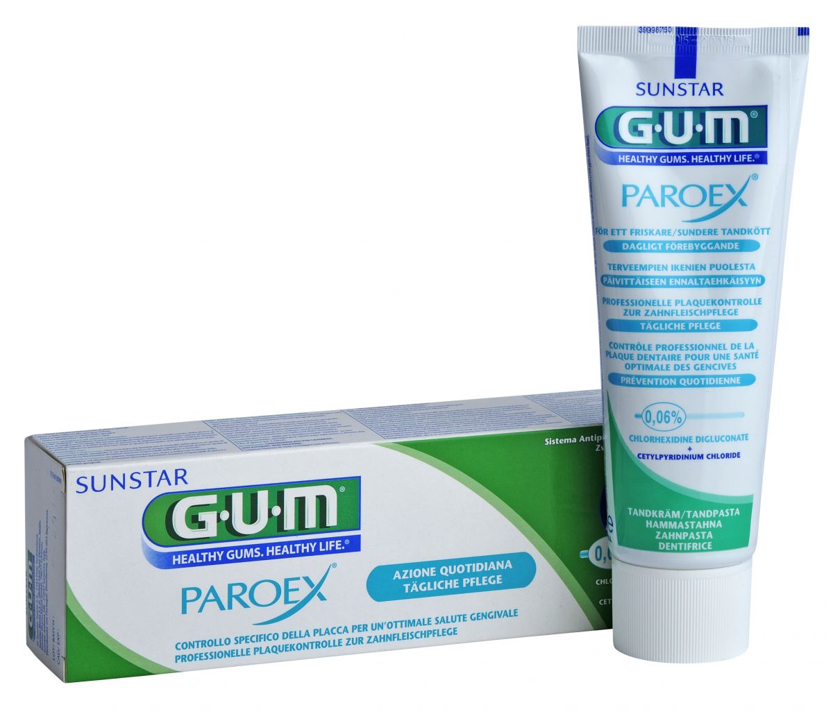 GUM PAROEX Zahnpasta 0,06% in 75ml Tube und Verpackung.