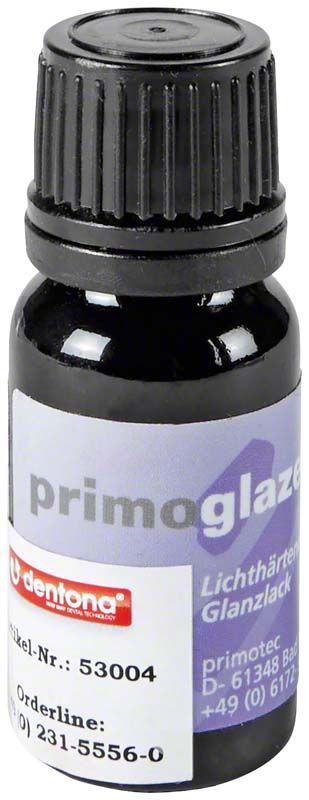 Dunkle Flasche des primoglaze Lichthärtenden Glanzlacks mit Etikett.