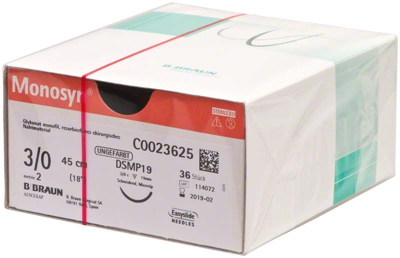 Monosyn® chirurgisches Nahtmaterial 3/0, 45cm, sterile Verpackung.