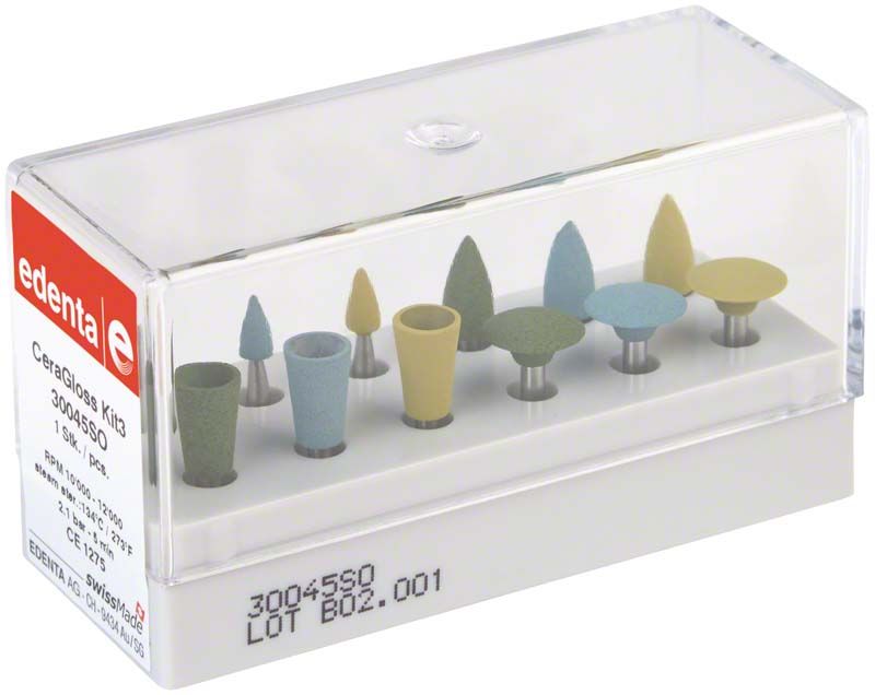 CeraGloss Keramik Kit mit verschiedenen Schleif- und Polieraufsätzen in Box.