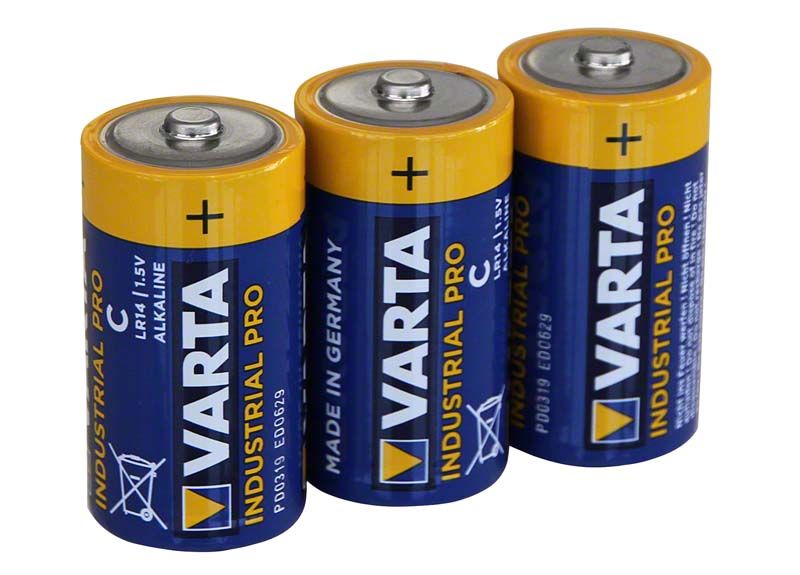 Drei blaue VARTA Industrial Pro C-Batterien mit gelber Oberseite.