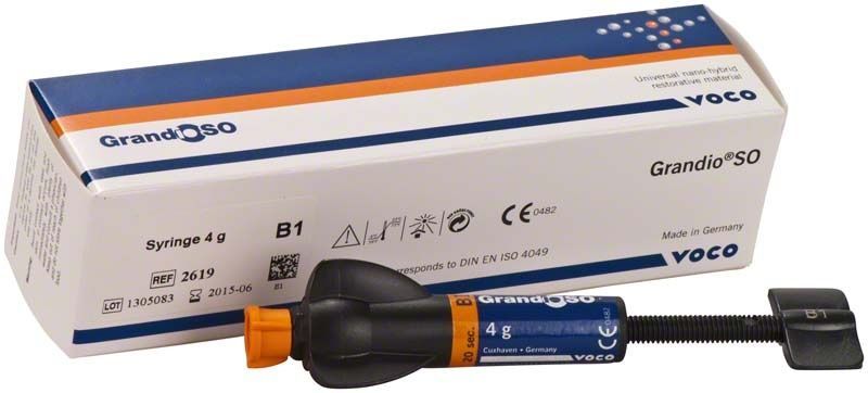 GrandioSO Spritze B1 mit Verpackung und Produktinformationen.
