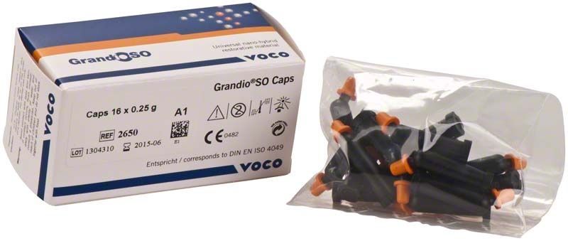 GrandioSO Caps A1 Verpackung und einzelne Kapseln für Zahnrestaurationen.