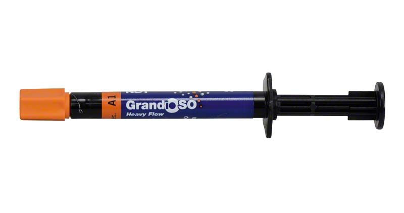 GrandioSO Heavy Flow Spritze A1, Nahaufnahme der Applikationsspitze und Verpackung.