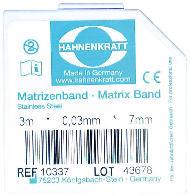 Matrizenband im Kartonspender mit Aufdruck „Hahnenkratt“ und Produktdetails.