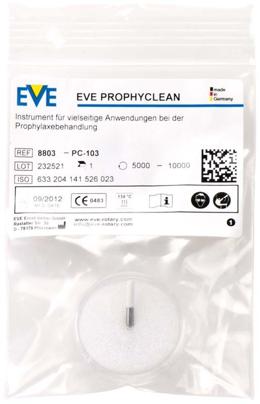 EVE PROPHYCLEAN® PC103 in Verpackung mit weißem zylindrischem Borstenkopf.