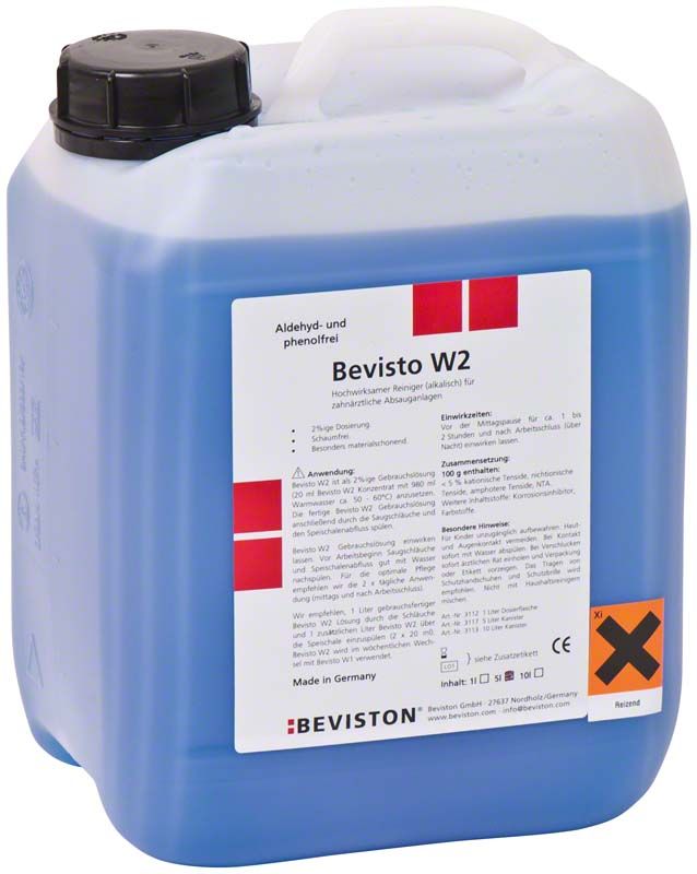 Bevisto W2 5 Liter Kanister mit Etikett für zahnärztliche Reinigung.