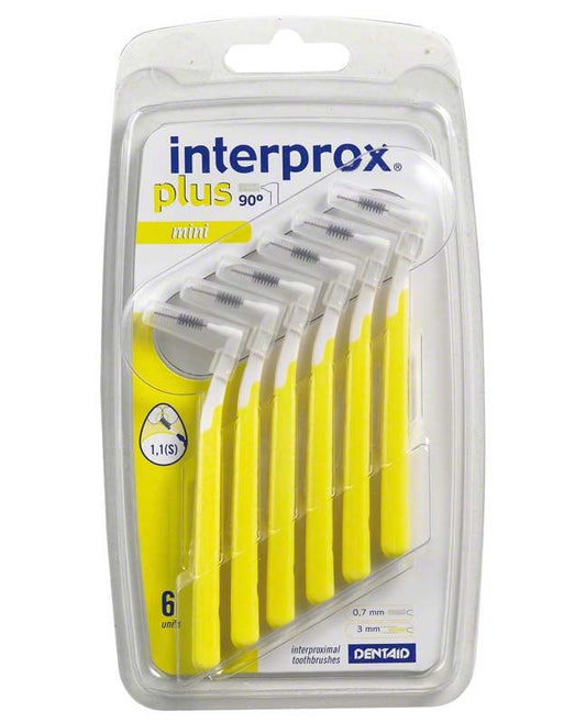 Interprox® plus Blister mini Interdentalbürsten mit gelben Griffen in Verpackung.