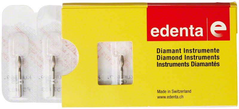 Gelbe Verpackung der K-Diamant FG 369UF 025 mit zwei Diamantinstrumenten.