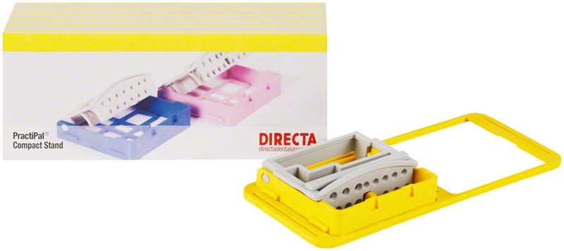 Gelber PractiPal® Compact Bohrerständer für Dentalbohrer, neben Verpackung.