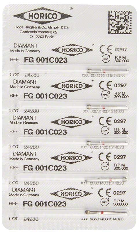 Blisterverpackung mit Diamantschleifern FG 001C 023 für Dentalmedizin.