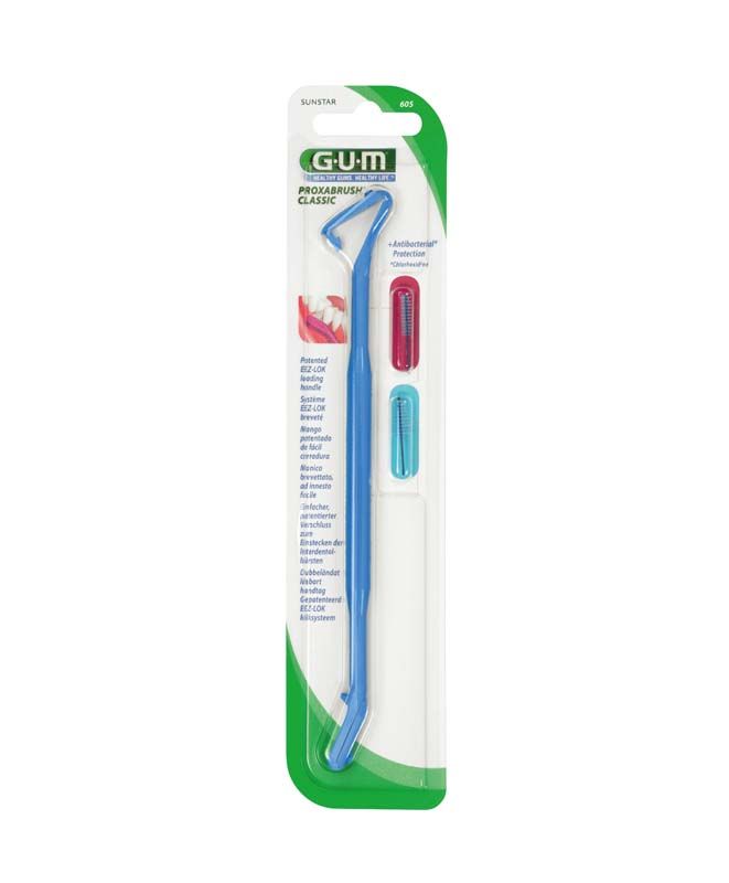 Blauer GUM® PROXABRUSH® CLASSIC Halter mit austauschbaren Interdentalbürsten in Verpackung.