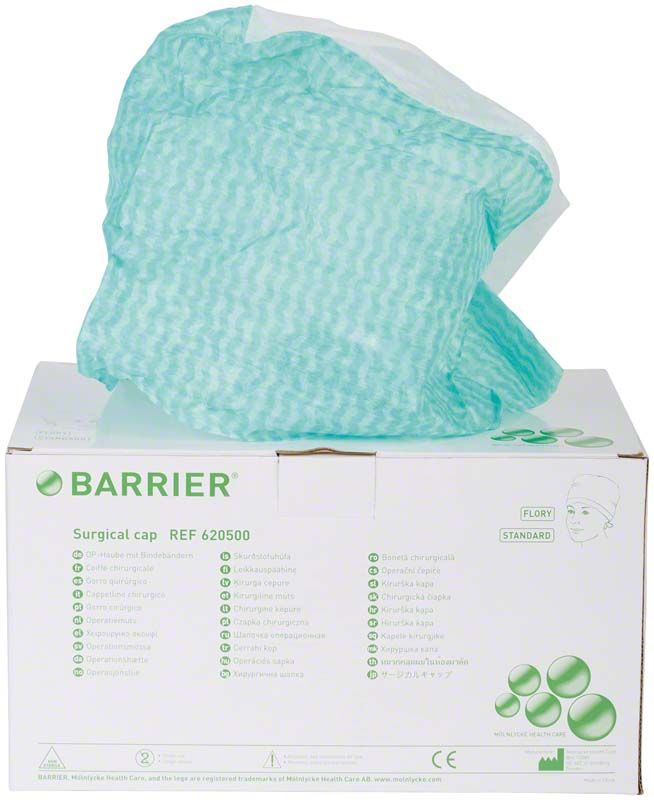 Grüne OP-Haube Flory auf weißer Verpackung mit Produktinformationen.