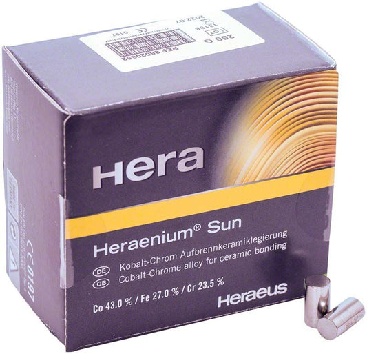 Heraenium® Sun 250g, Kobalt-Chrom-Legierung für Keramikverblendungen, in Verpackung.