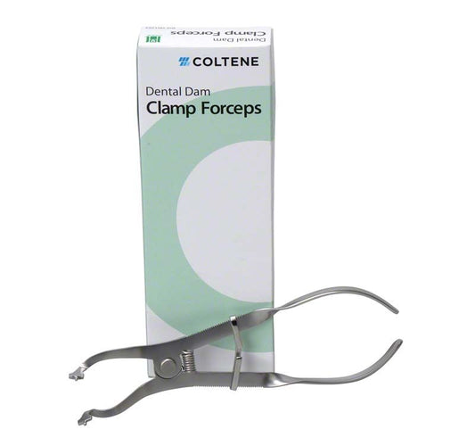 Hygenic® Dental Dam Klammerzange vor Verpackung mit grünem Design.