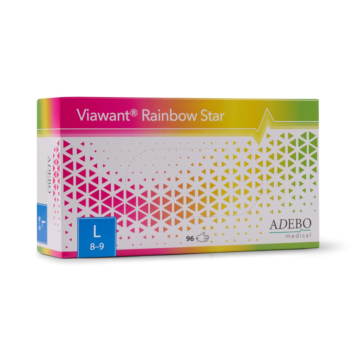 Verpackung der Viawant Rainbow Star Nitrilhandschuhe mit buntem geometrischem Muster.