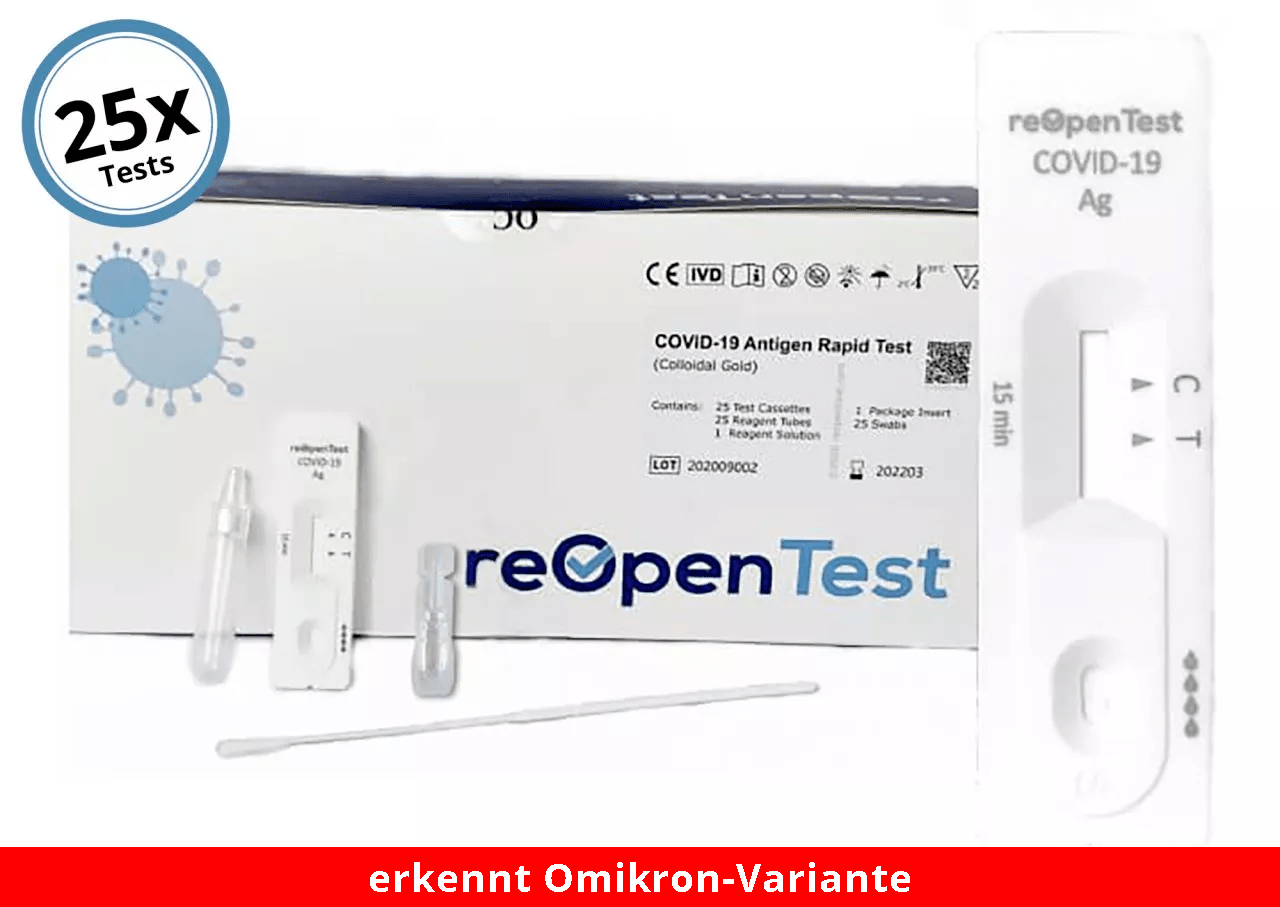 COVID-19 Antigen Schnelltest-Set von reOpenTest mit Verpackung und Zubehör.