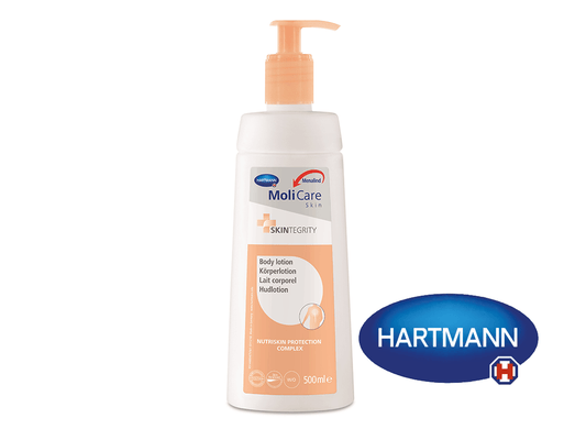 MoliCare® Skin Körperlotion 500ml mit Spenderpumpe und Markenschriftzug.