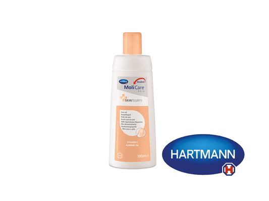 MoliCare® Skin Hautpflegeöl 500ml Flasche mit Hartmann-Logo.